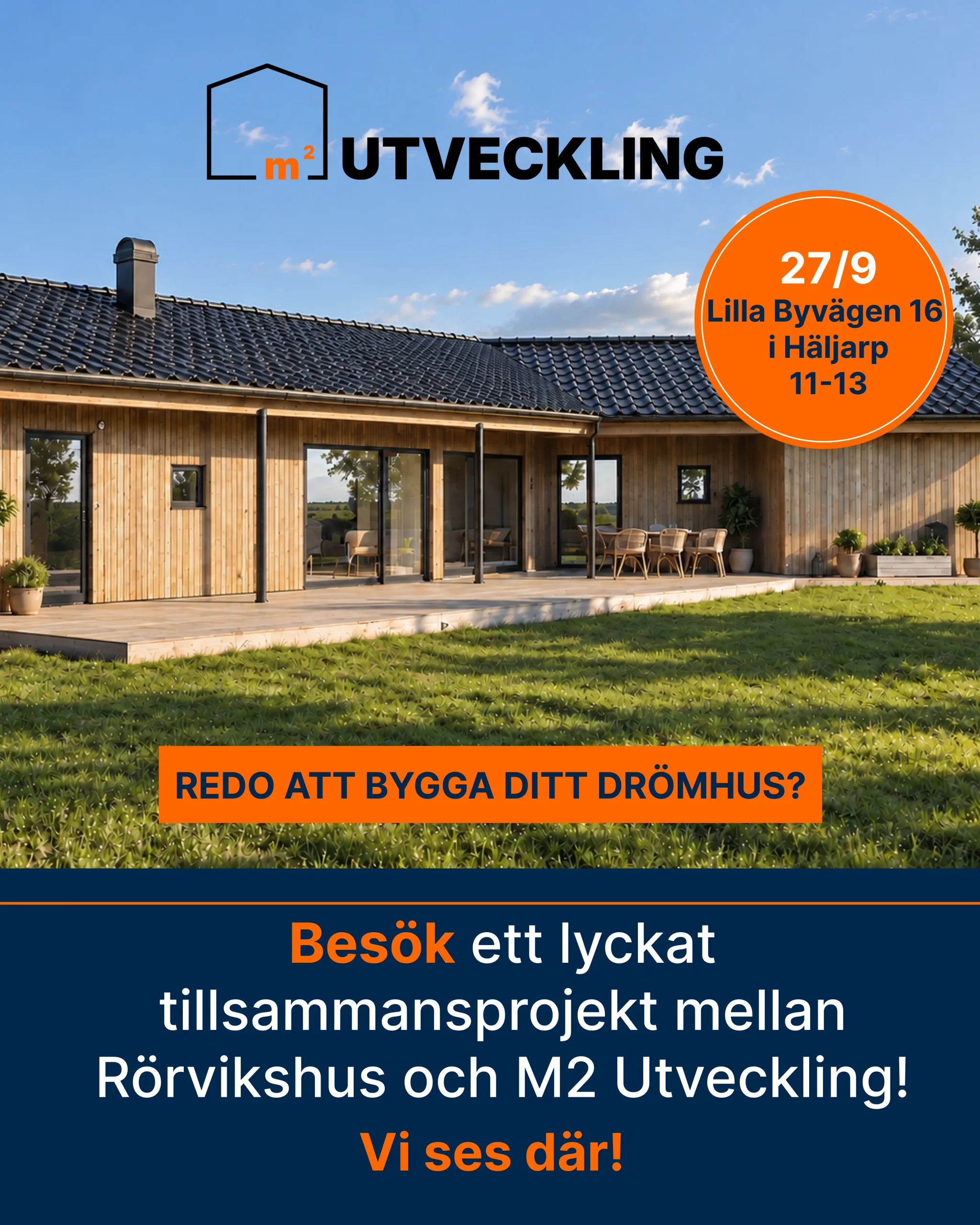 Nybyggt hus i tr&auml; med tr&auml;d&auml;ck. Text: Redo att bygga nytt hus?